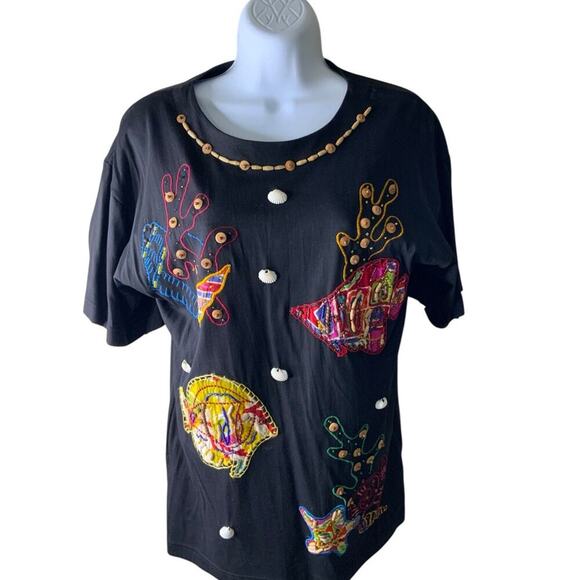 Victoria Jones Shirt Womens S Petite Sea Life Embroidered Fish Coral Beaded Tee - Picture 3 of 9